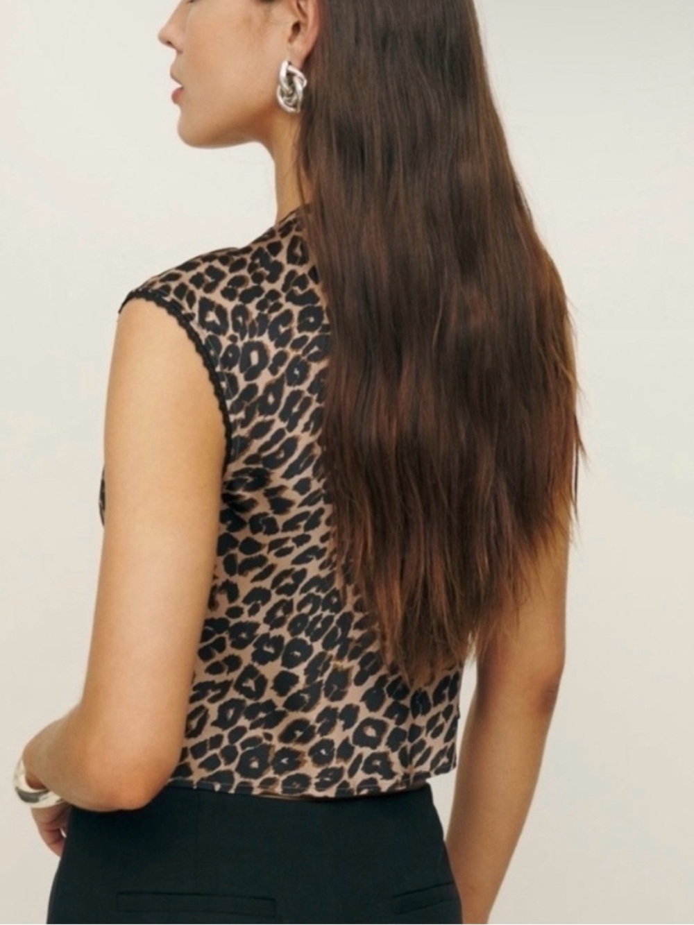 Reformation Cherry Silk Lace Trim V Neck Bow Ribbon Top Leopard Cheetah Leo - Picture 2 of 3